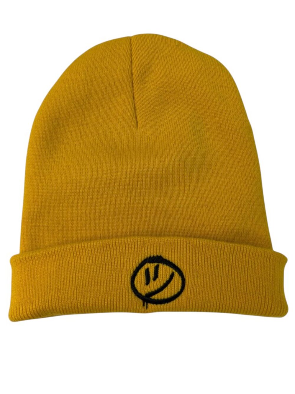 Yellow Knit Beanie with Smiley Face Embroidery – Unisex Adult